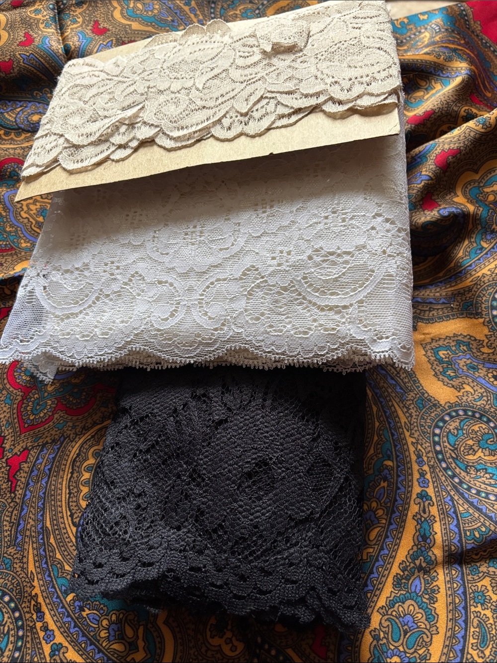 Vintage 70s Lace Trim Fabric Trio - Ivory, White & Black